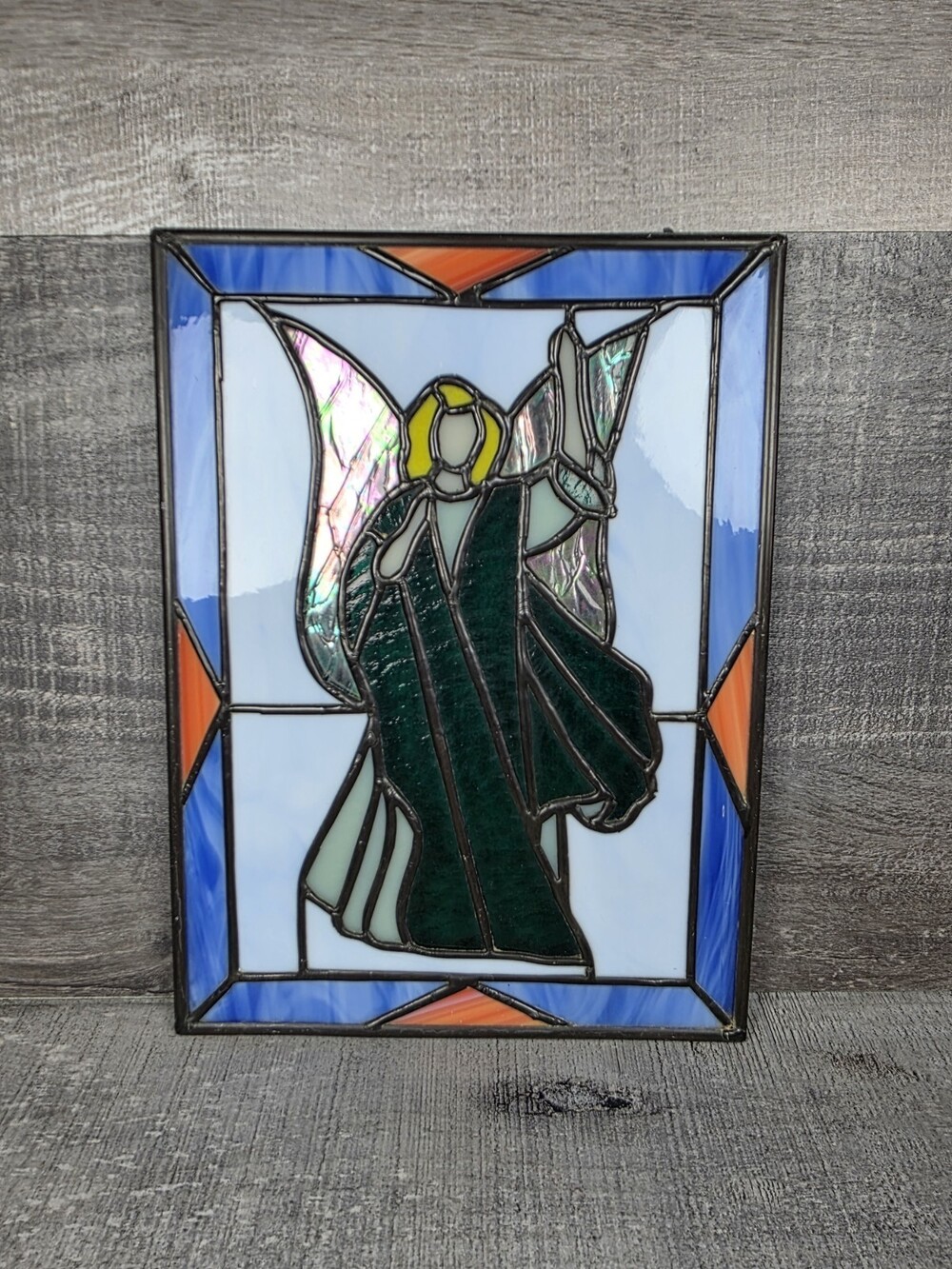 Stained Glass Window Panel w Slag Glass 10x7" Standing Angel Heavy Metal 42.7